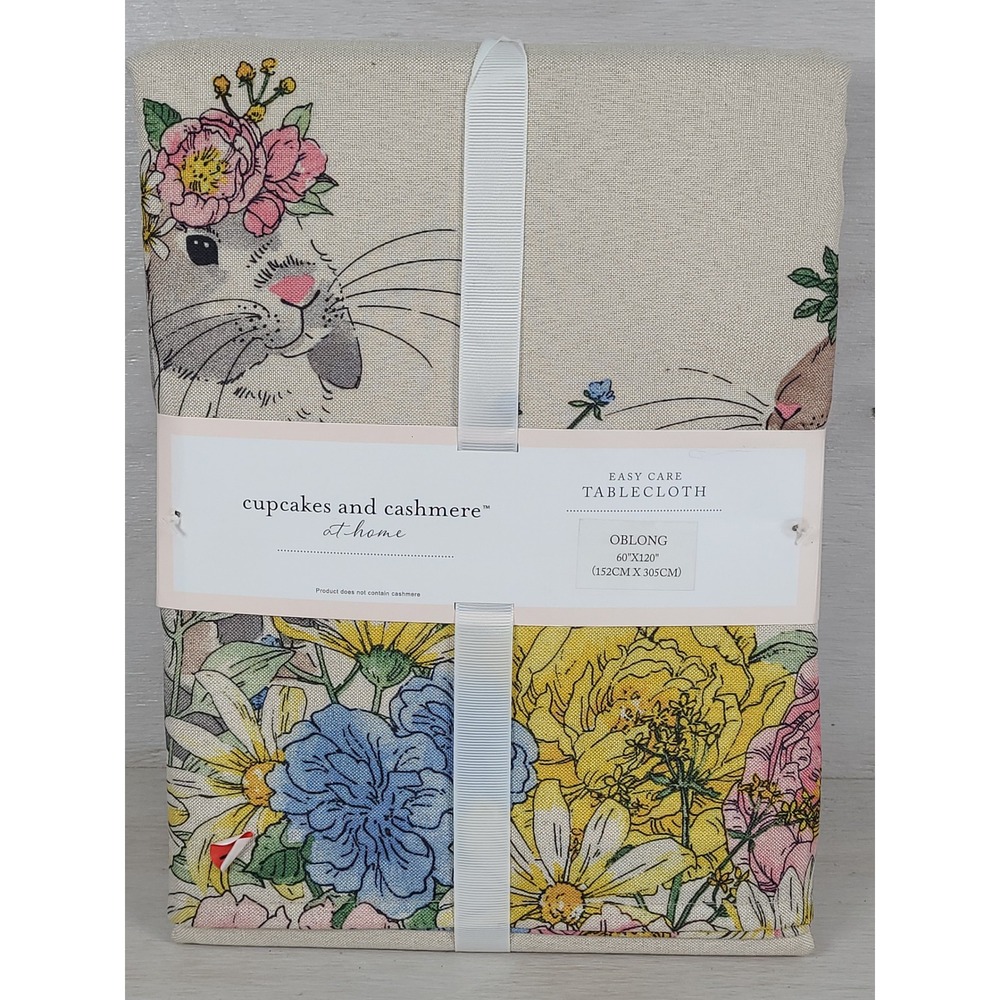 Cupcakes and Cashmere Easter Bunny Floral Tablecloth 60x120 Oblong Beige New